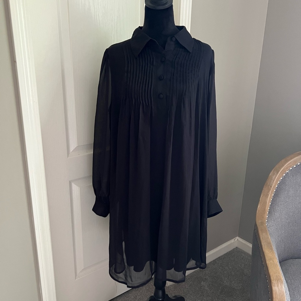 Nine West Black Pleated-Front Midi Shirt Dress
